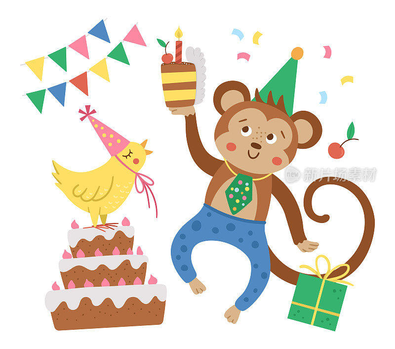 Vector Birthday party composition with cute dancing monkey, cake, bird, present. Holiday background design for banners, posters, invitations. Festive card template with funny animals